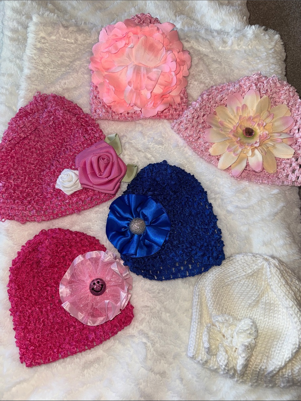 Kids Crochet Flower Beanie - Pink, Hot Pink, Blue, White
